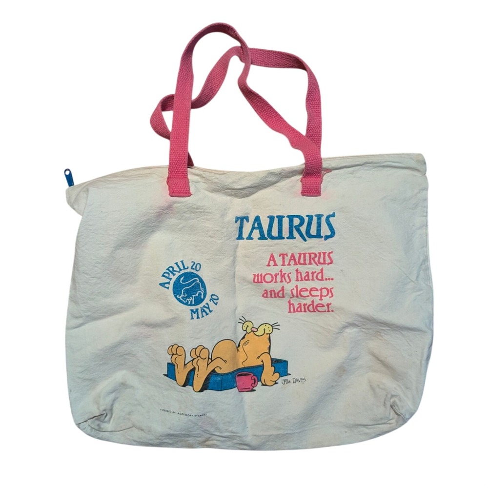 Vintage Garfield Taurus Canvas Tote Bag Jim Davis Astrology Pink Blue Zipper